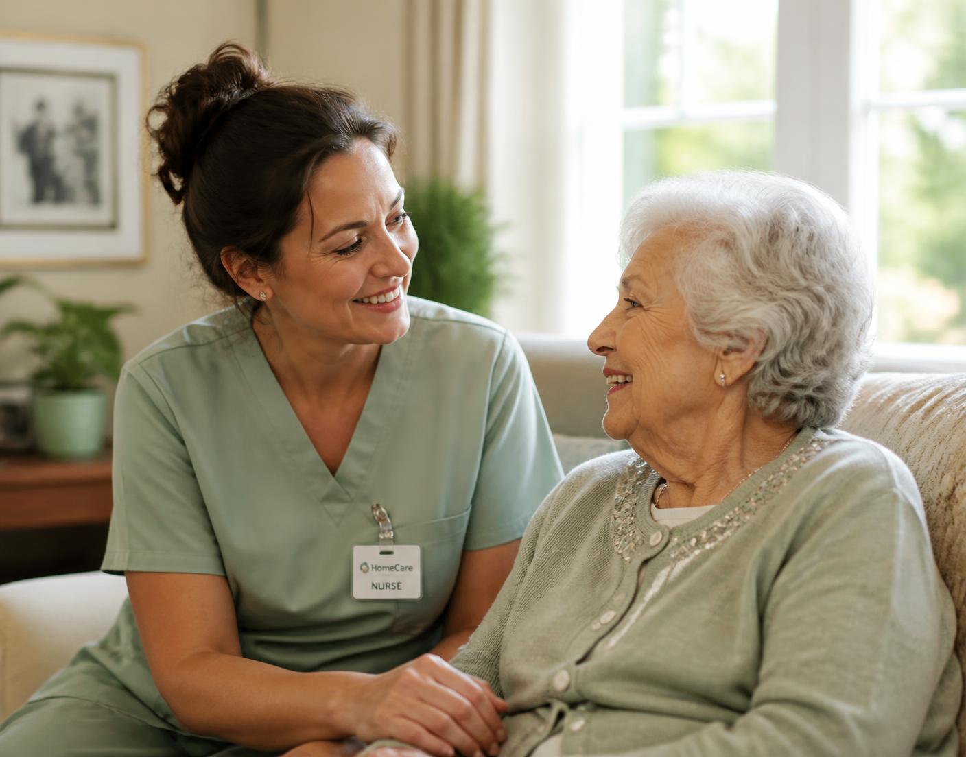 A home care nurse sitting and smiling with an elderly client in her living room